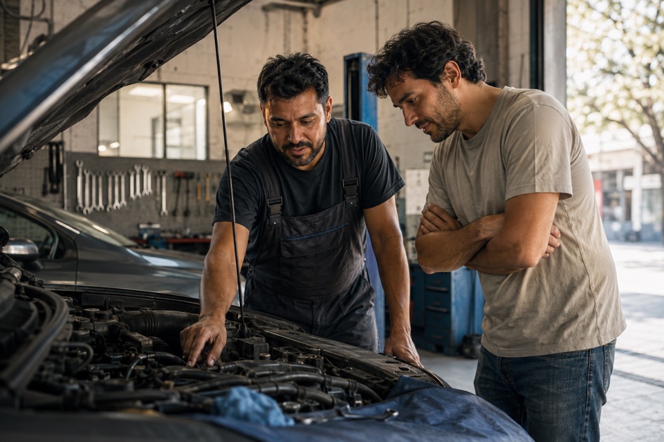 Un mecánico muestra al dueño de un auto un detalle del motor dentro de un taller.