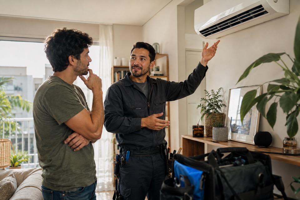 Un técnico explica a un cliente la revisión de un aire acondicionado dentro de su casa.