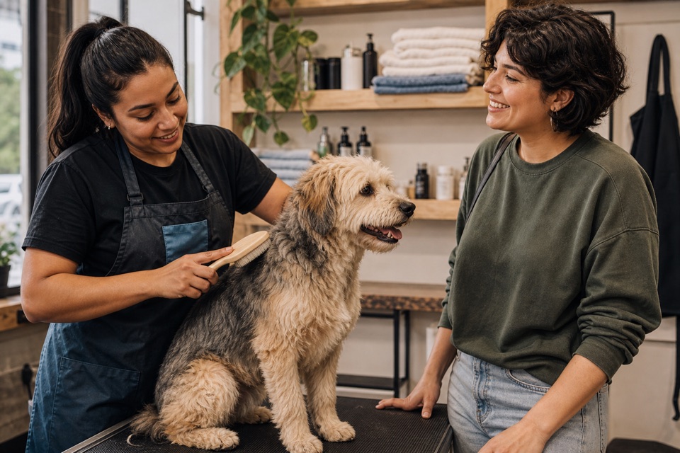 Una groomer cepilla con cuidado a un perro mientras conversa con su responsable.